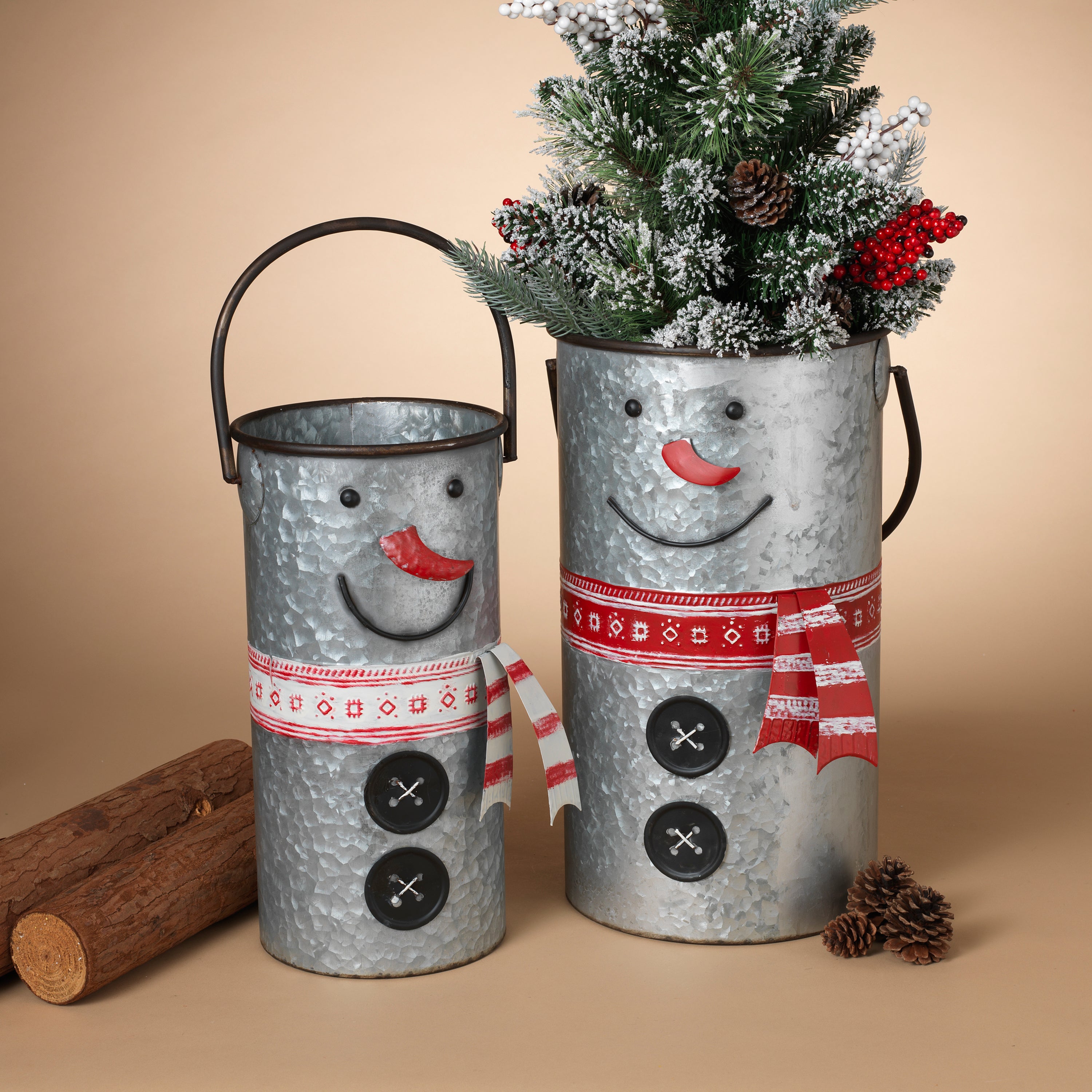 Assorted Set of 2 Nesting Metal Snowman Buckets